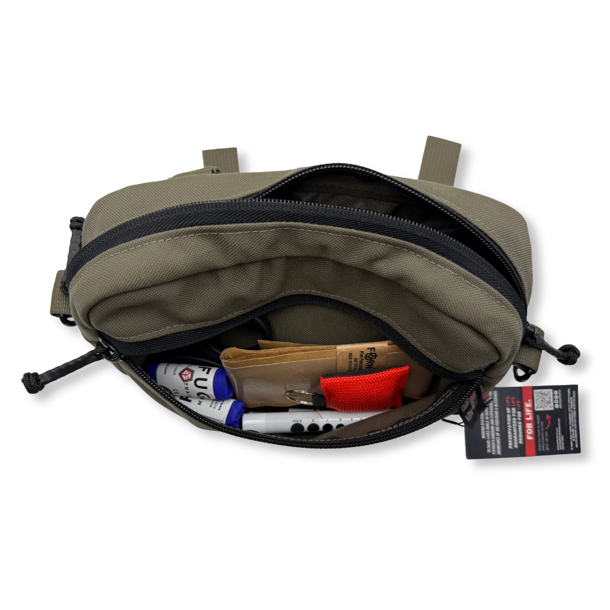 Open green pouch with various items on a white background