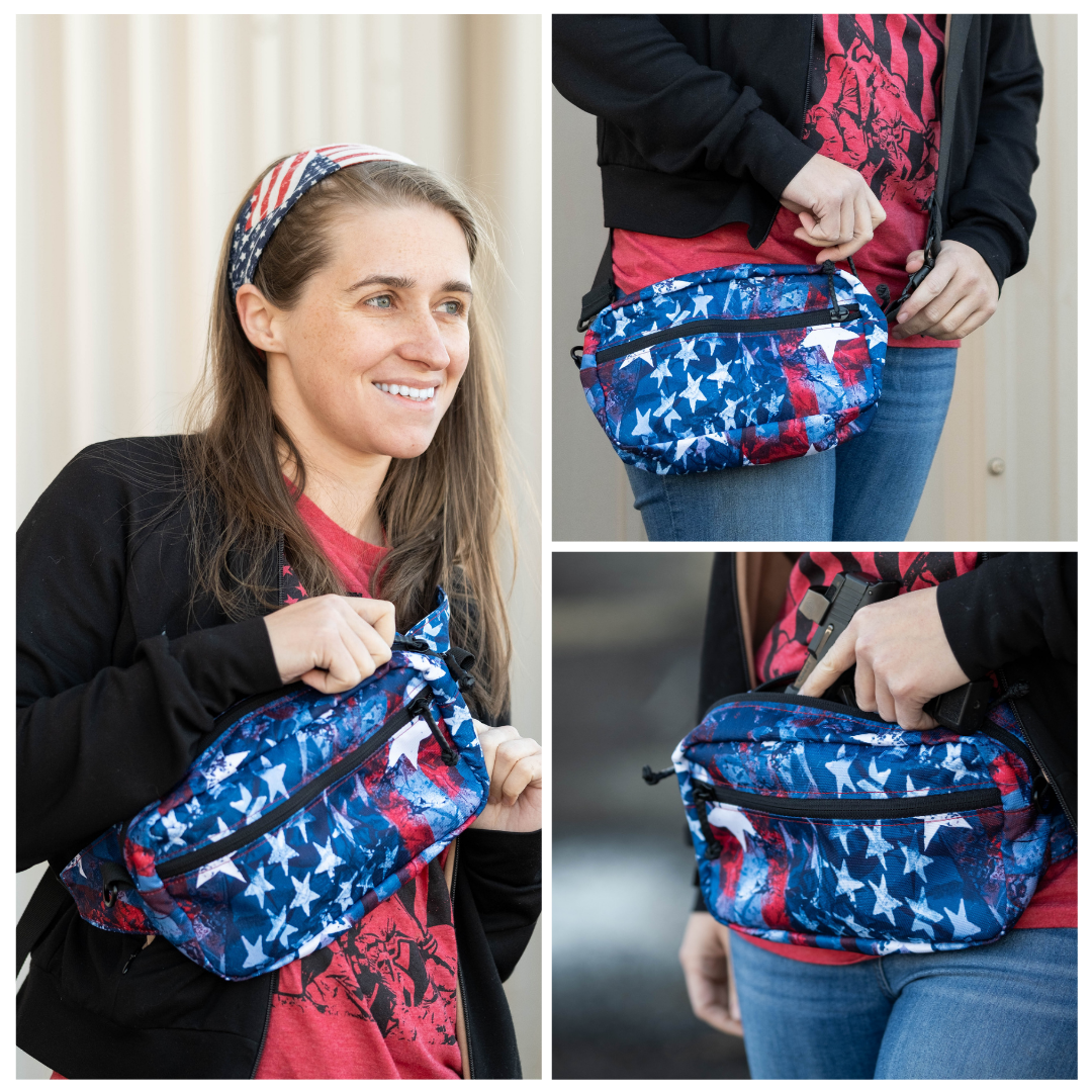 Refuge Medical M.A.G Bag - Liberty, person wearing three different ways, crossbody, waist and shoulder