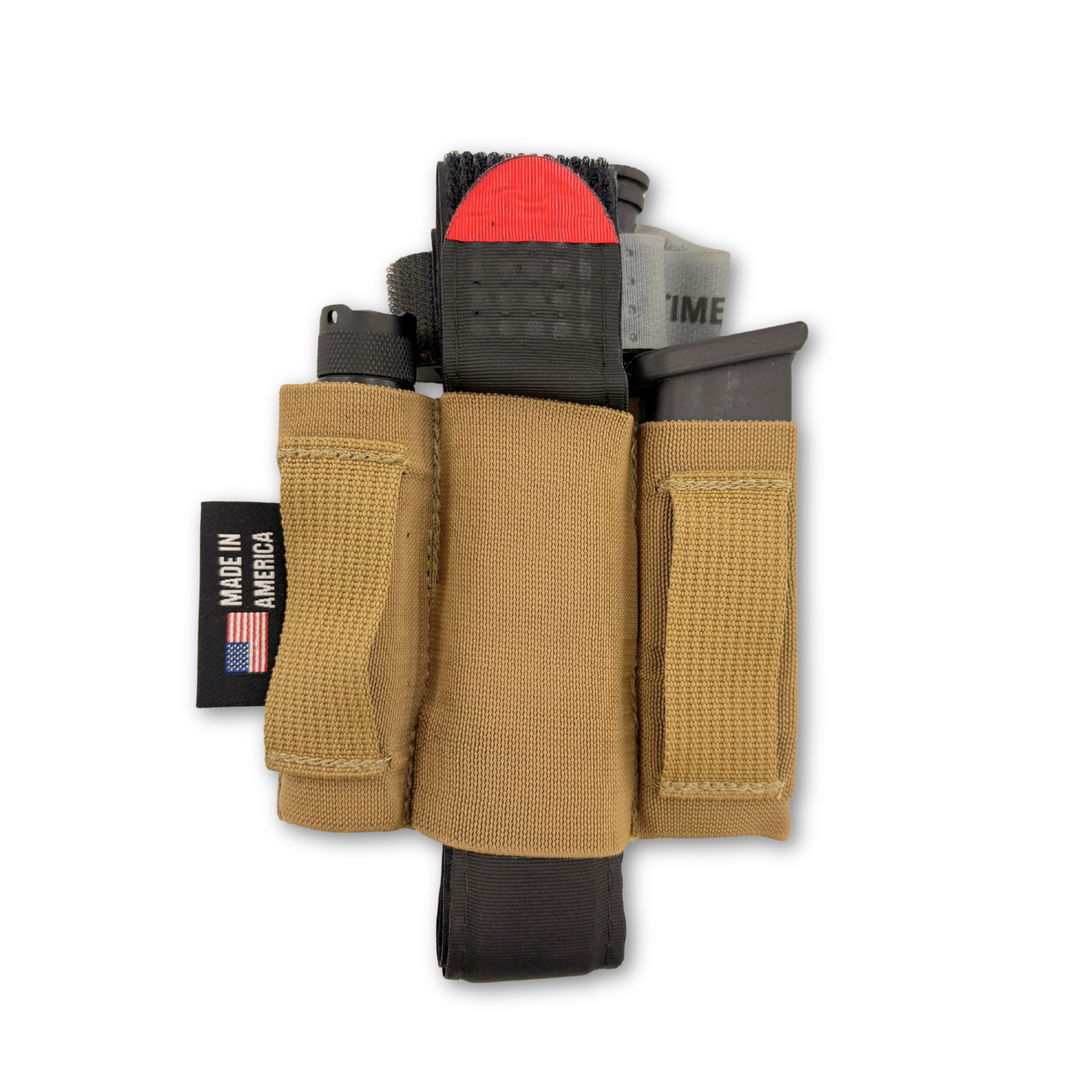 Refuge Medical Pocket Organizer - Coyote Tan Packed with magazine, tourniquet, and flashlight (components not included), back showing belt loops