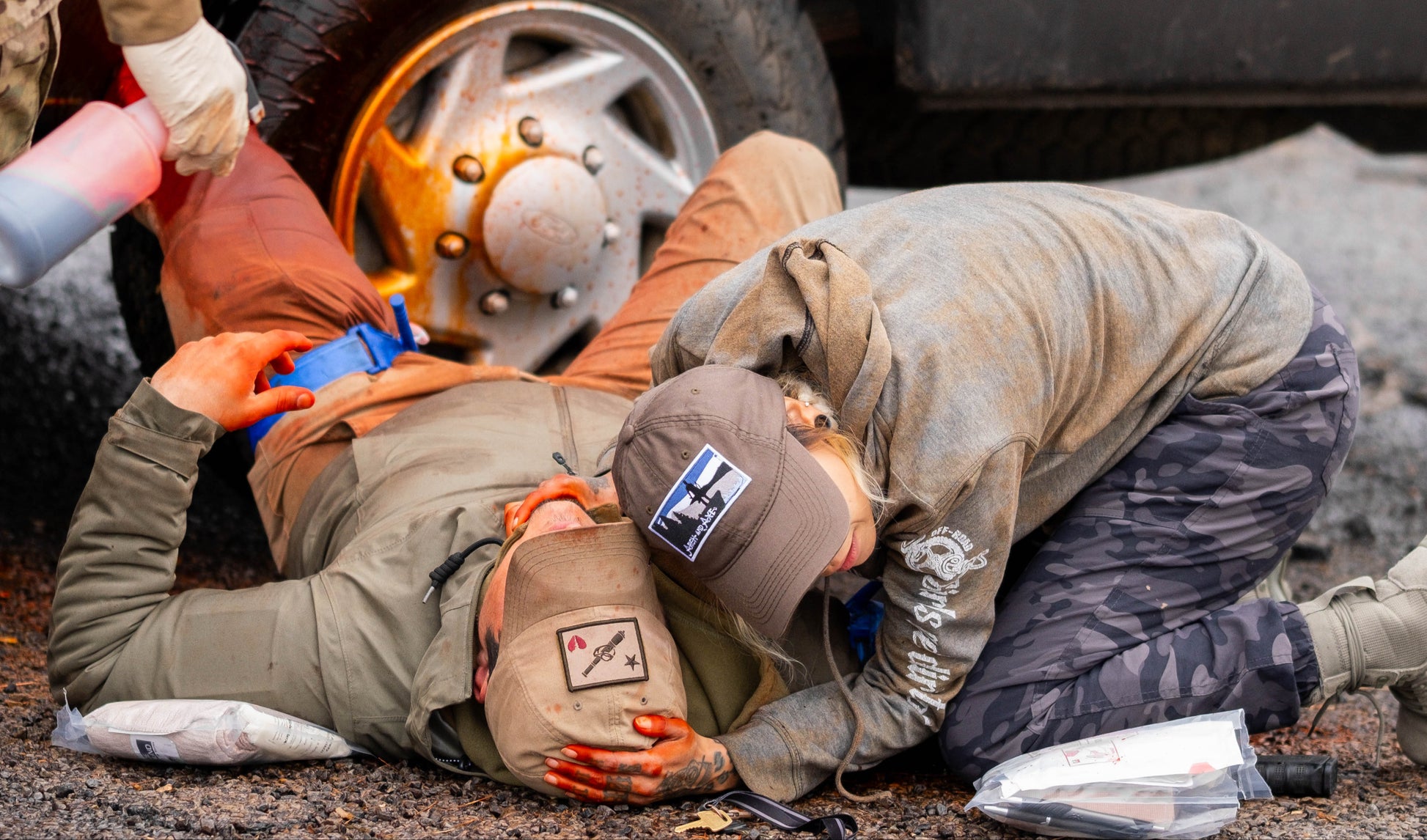 Student talking to a casualty during a training scenario