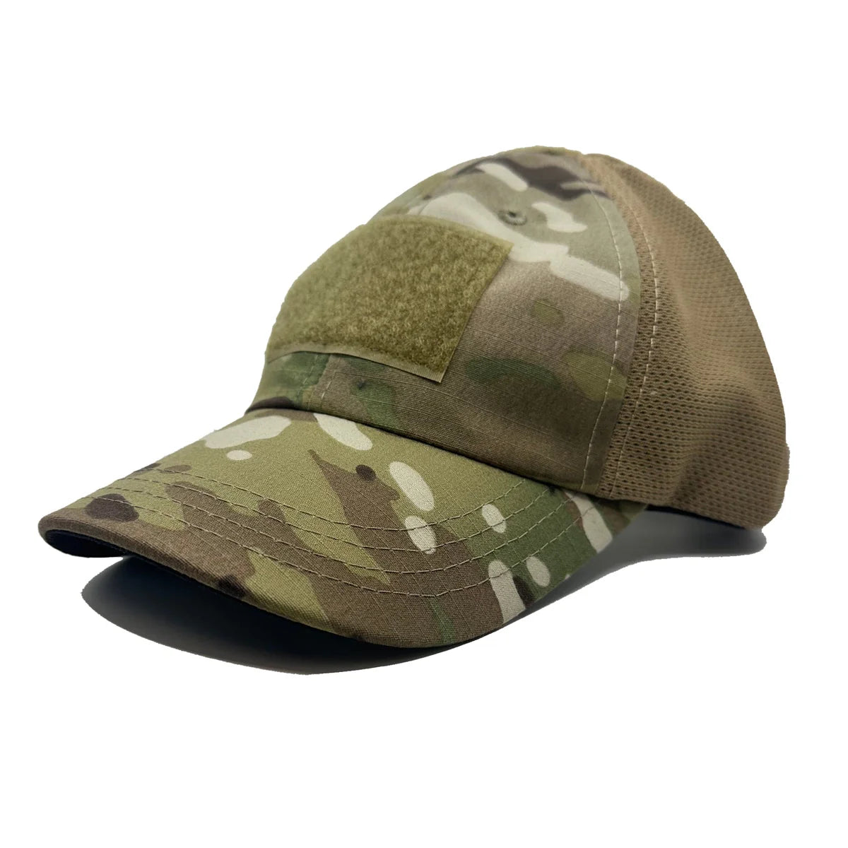 multicam hat with hook & loop on the front and top