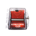 Refuge Medical Bleeding Control Station First Aid Kit - Red with reflective strip inside a clear plastic locking case (closed)