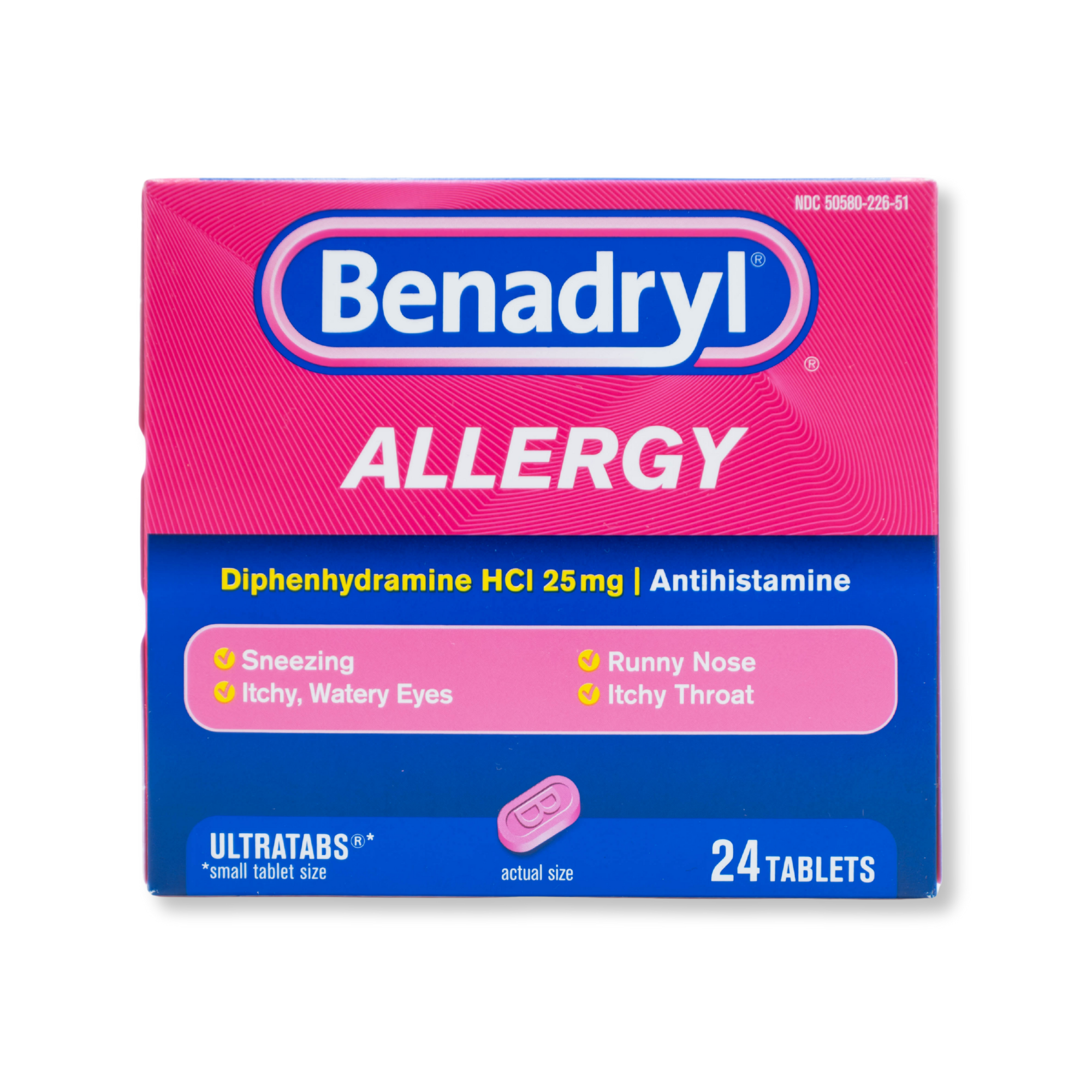 Benadryl allergy medication box with pink and blue design on a white background
