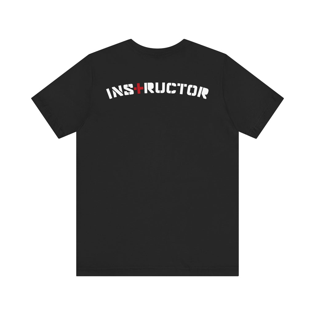 Black t-shirt with 'INSTRUCTOR' printed on the back against a white background