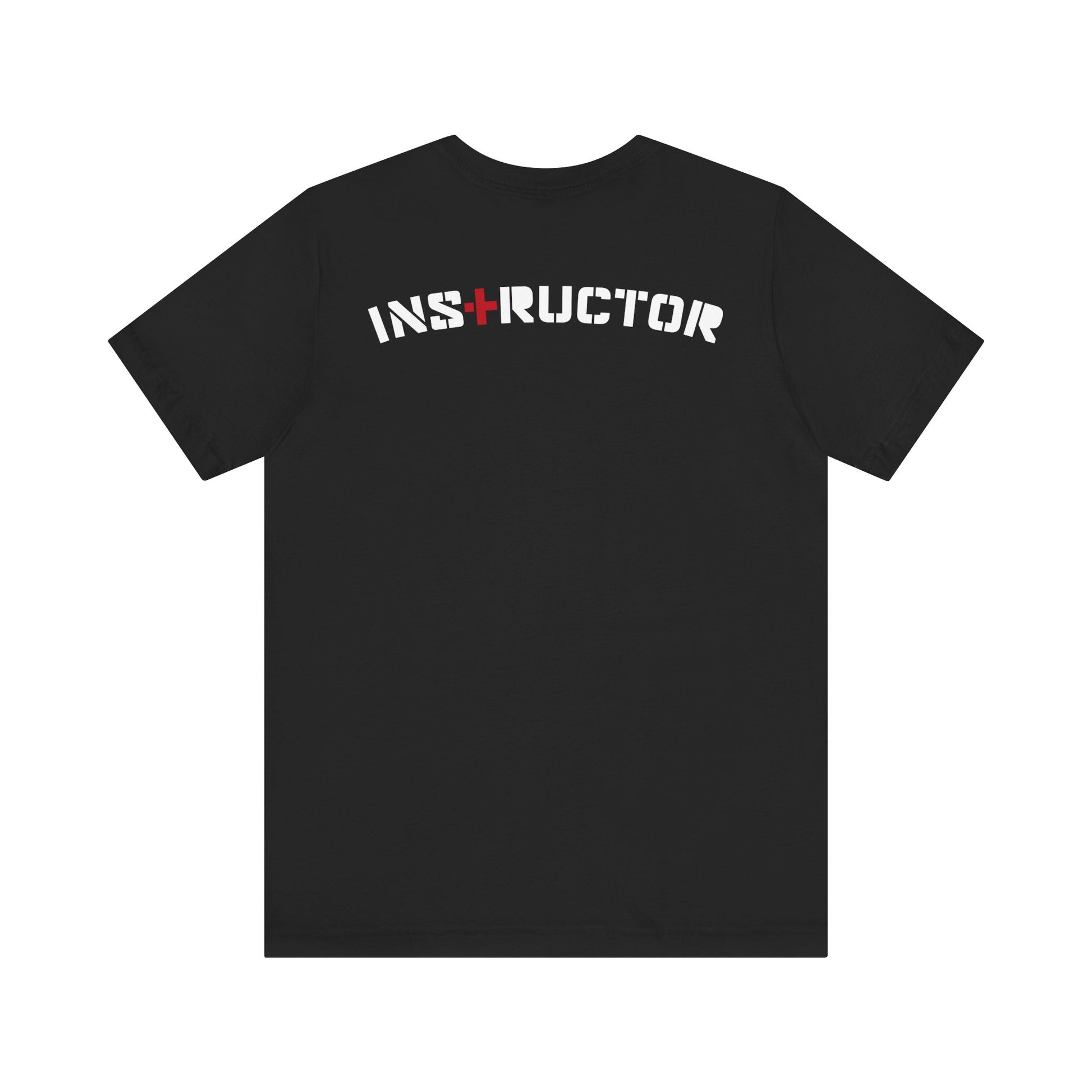 Black t-shirt with 'INSTRUCTOR' printed on the back against a white background
