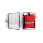 Refuge Medical Bleeding Control Station First Aid Kit - Red with reflective strip inside a clear plastic locking case (open)