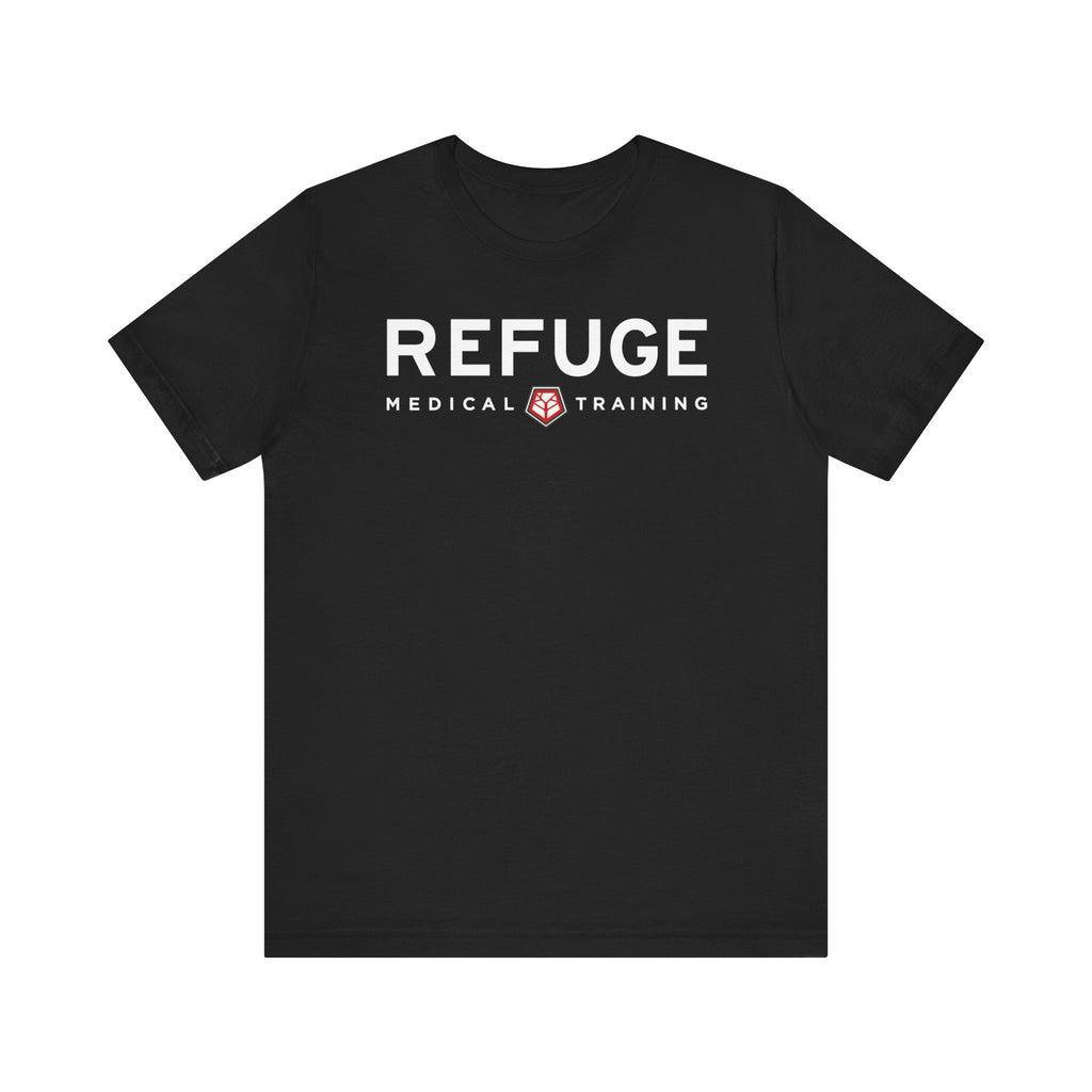 Black t-shirt with white 'REFUGE MEDICAL TRAINING' logo 