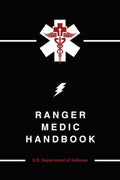 Cover of the 'Ranger Medic Handbook' featuring a white medical cross and snake emblem on a black background