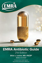 Cover of the EMRA Antibiotic Guide, 21st Edition, featuring a capsule with antibiotic tablets inside, set against a green and white background with bokeh effect.