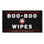 Refuge Medical Boo Boo Wipes black label with white text and red accents