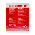 Packaging of Burnshield Dressing, showing a red and white label with product information, in a square shape.