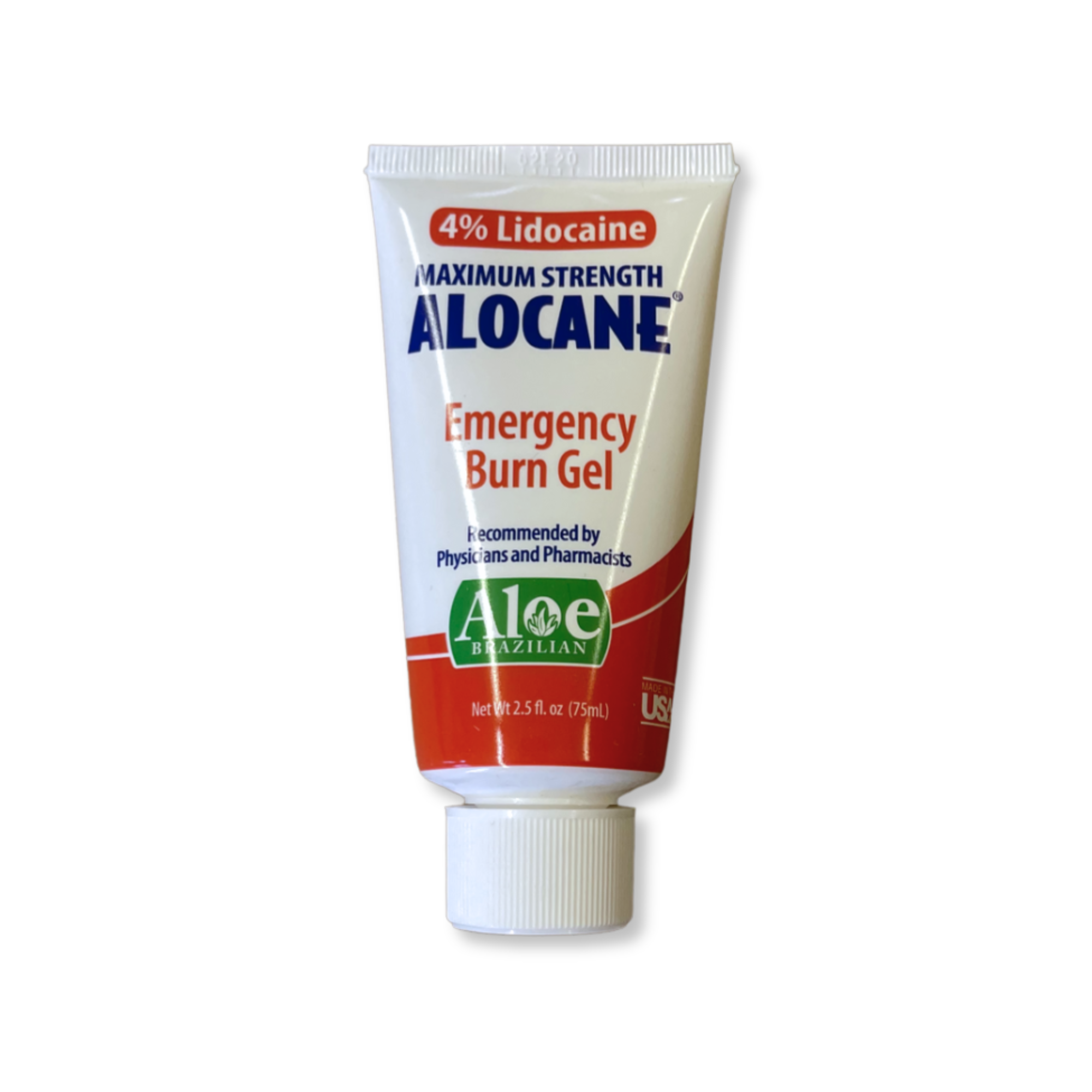 Tube of Alocane Maximum Strength Emergency Burn Gel on a white background