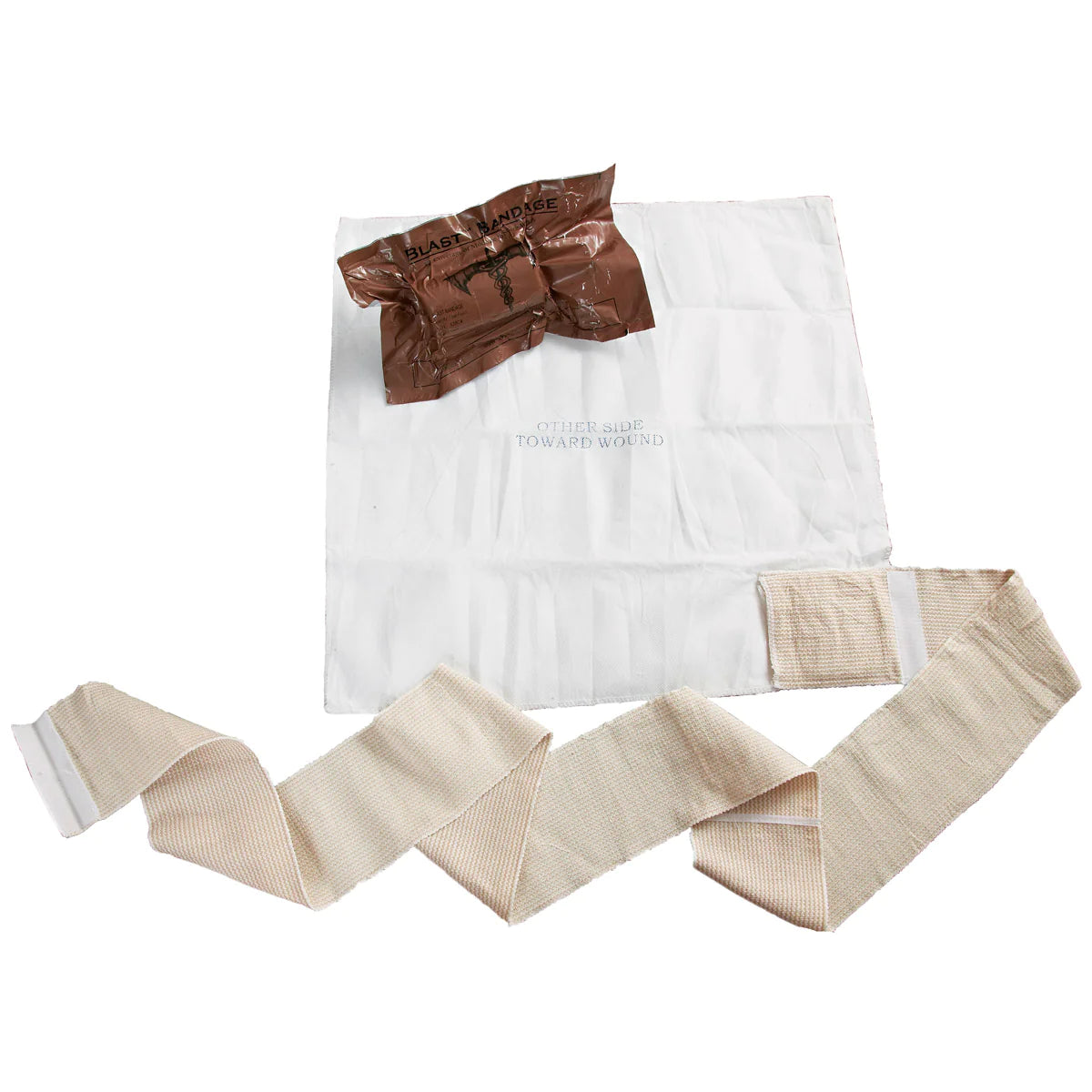 The BLAST Bandage - laid out to show the large trauma ad attached to the dressing wrap