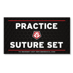 Practice suture set packaging with a black background and red and white text.