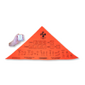 Orange safety triangle with diagrams and text, held by a hand against a white background
