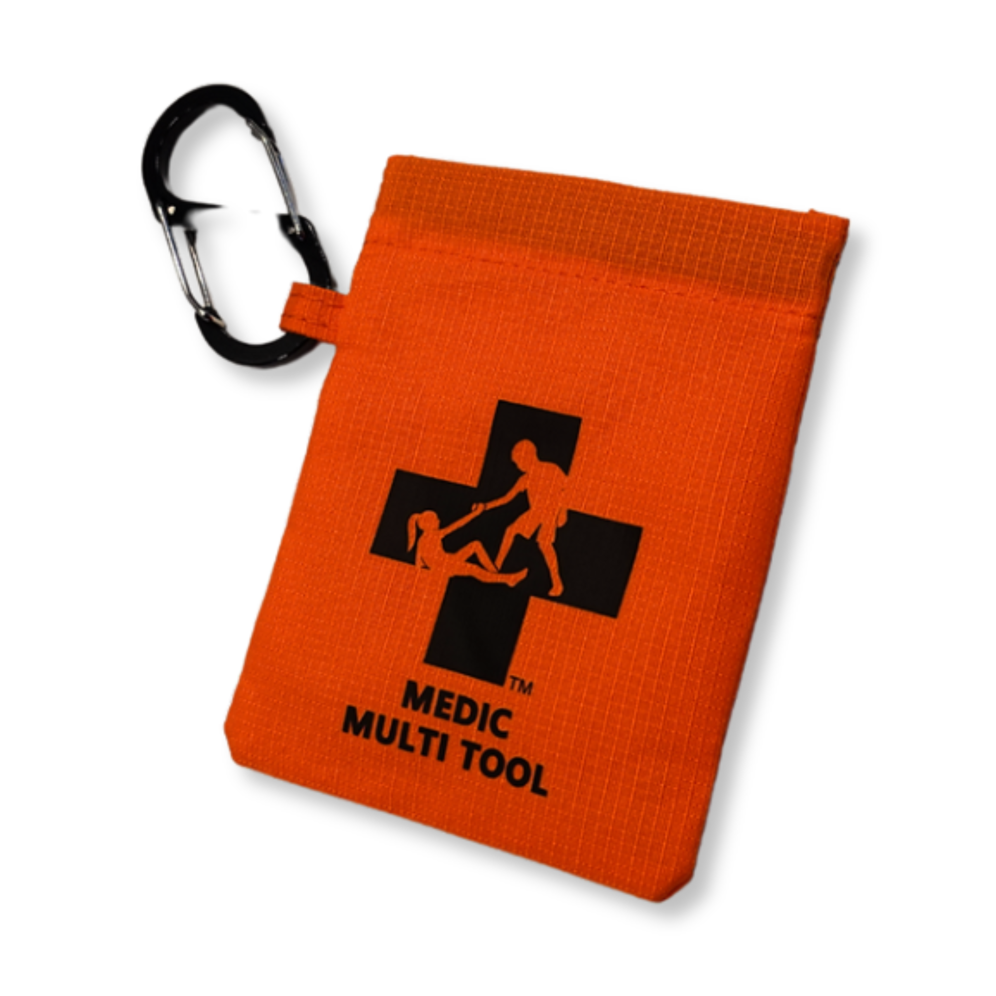 Orange pouch with black cross design and 'Medic Multi Tool' text, featuring a carabiner clip on a white background.