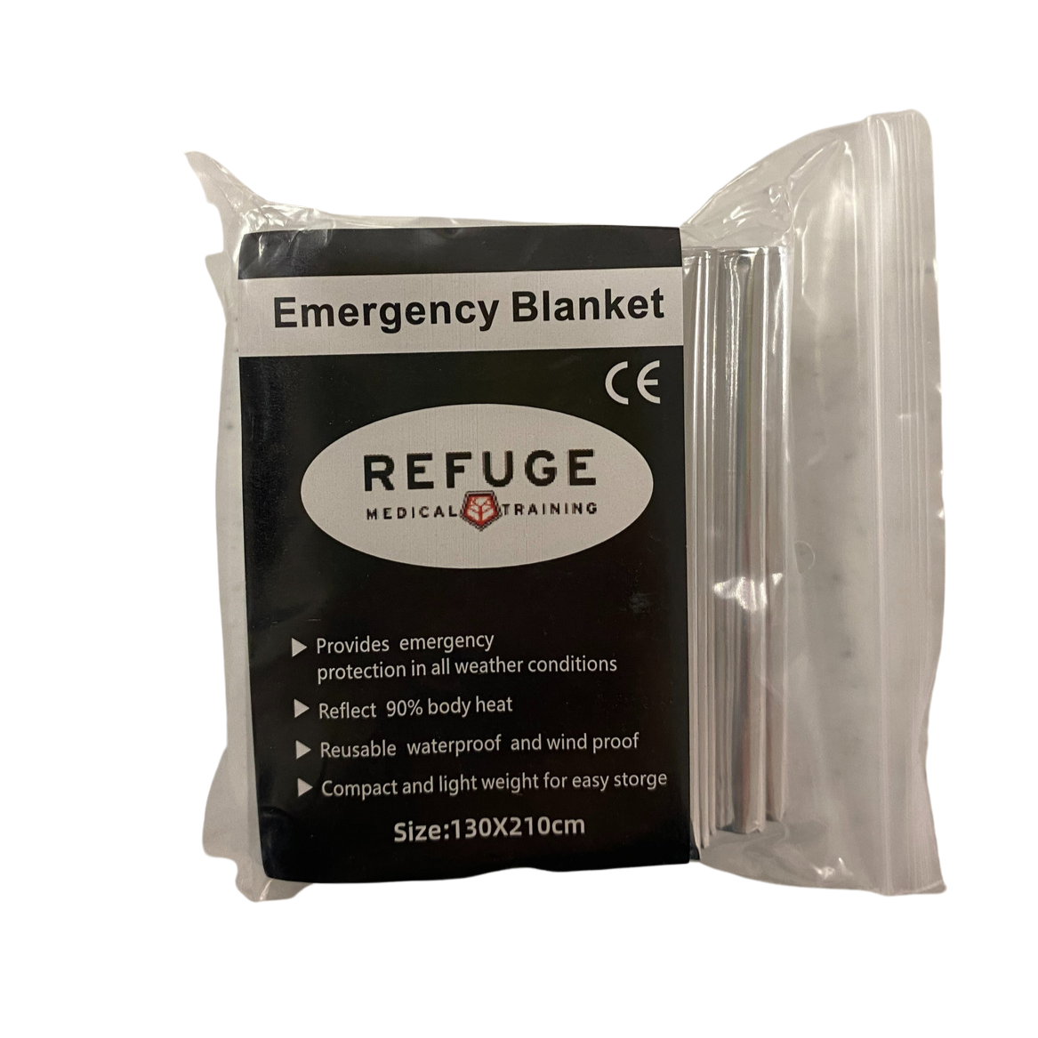 Packaged emergency survival blanket with the brand name 'Refuge Medical' visible on the label.