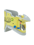 An Ambu Mini Perfit Ace Adjustable Collar, typically used in medical settings for immobilizing the neck, displayed with yellow and grey colors, showing its adjustable settings and safety buttons.