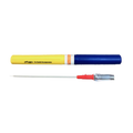 A chest decompression needle with a blue handle, yellow body, and silver needle, alongside a product label.
